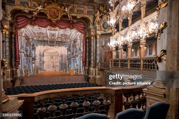 November 2022, Bavaria, Bayreuth: View of the stage of the Margravial Opera House from the Fürstenloge. The world-famous Margravial Opera House in...