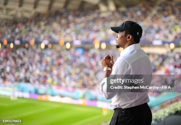 Cameroonian Football Federation President Samuel Eto'o during the FIFA World Cup Qatar 2022 Group G match between Cameroon and Serbia at Al Janoub...