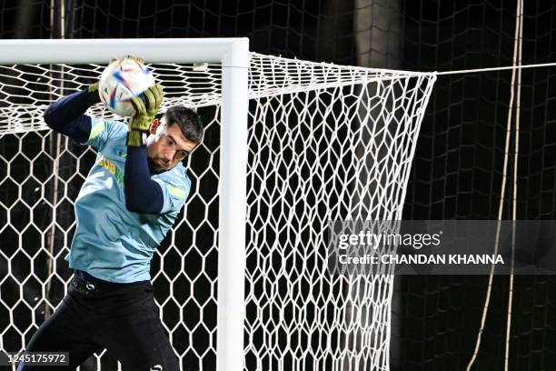 Australia's goalkeeper Mathew Ryan attends a training session at the Aspire Academy in Doha on November 28 during the Qatar 2022 World Cup football...