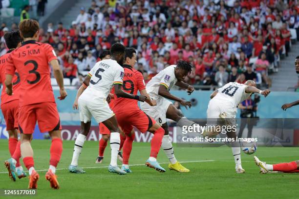 Mohammed Salisu of Ghana scores the first goal to make it 0-1 during the World Cup match between Korea Republic v Ghana at the Education City Stadium...
