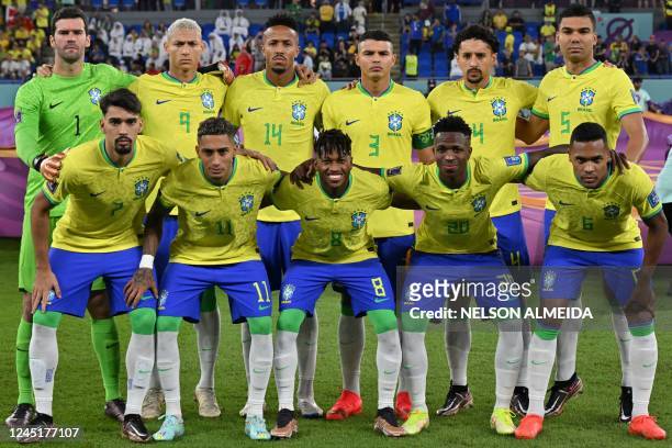 Brazil's goalkeeper Alisson, Brazil's forward Richarlison, Brazil's defender Eder Militao, Brazil's defender Thiago Silva, Brazil's defender...
