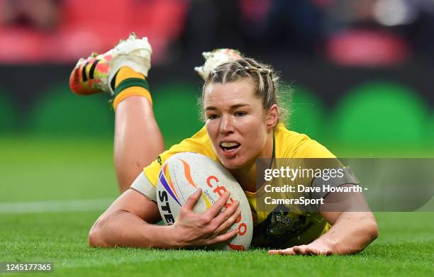 Australia's Emma Tonegato during Women's Rugby League World Cup Final match between Australia and New Zealand at Old Trafford on November 19, 2022 in...