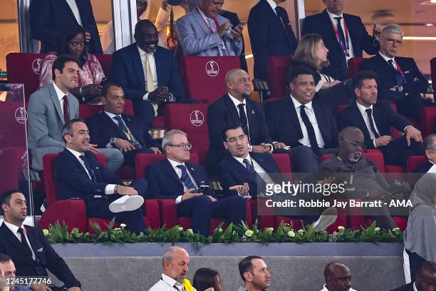 Former Brazil players Kaka, Cafu, Roberto Carlos and Ronaldo watch the match along side Diego Simeone the current manager of Athletico Madrid during...