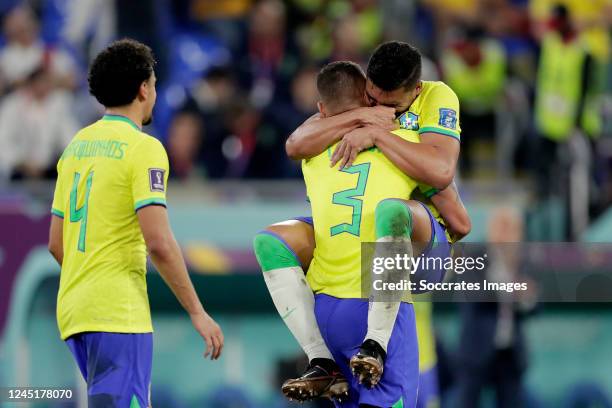 Casemiro of Brazil celebrates 1-0 with Thiago Silva of Brazil, Marquinhos of Brazil during the World Cup match between Brazil v Switzerland at the...