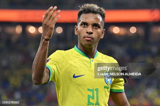 Brazil's forward Rodrygo reacts during the Qatar 2022 World Cup Group G football match between Brazil and Switzerland at Stadium 974 in Doha on...