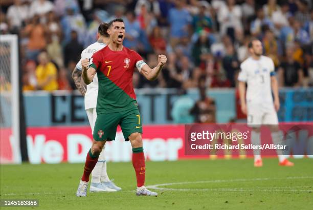 Cristiano Ronaldo of Portugal celebrates 1st goal during the FIFA World Cup Qatar 2022 Group H match between Portugal v Uruguay at Al Janoub Stadium...