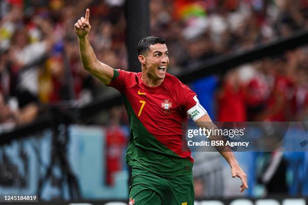 Cristiano Ronaldo of Portugal celebrates after scoring his sides first goal during the Group H - FIFA World Cup Qatar 2022 match between Portugal and...