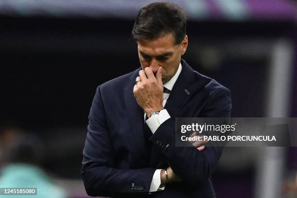 Uruguay's coach Diego Alonso reacts from the touchline during the Qatar 2022 World Cup Group H football match between Portugal and Uruguay at the...