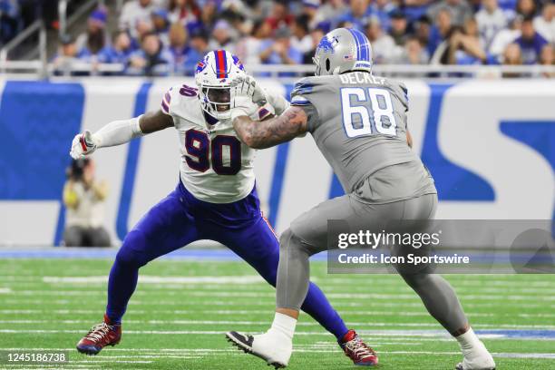 Buffalo Bills defensive end Shaq Lawson rushes against Detroit Lions offensive tackle Taylor Decker during a regular season NFL football game between...