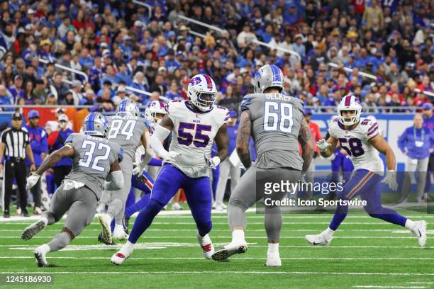 Buffalo Bills defensive end Boogie Basham rushes against Detroit Lions offensive tackle Taylor Decker during a regular season NFL football game...
