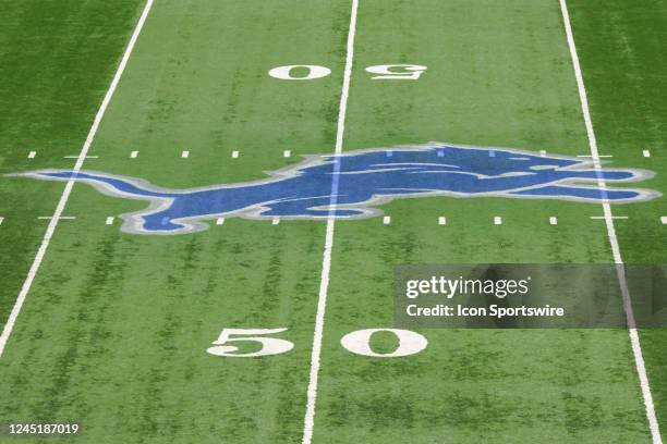 General view of the Detroit Lions logo on the field is seen during a regular season NFL football game between the Buffalo Bills and the Detroit Lions...