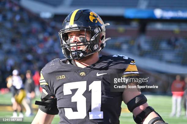 Iowa middle linebacker Jack Campbell warms up before a college football game between the Nebraska Cornhuskers and the Iowa Hawkeyes on November 25 at...