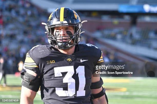 Iowa middle linebacker Jack Campbell warms ups before a college football game between the Nebraska Cornhuskers and the Iowa Hawkeyes on November 25...