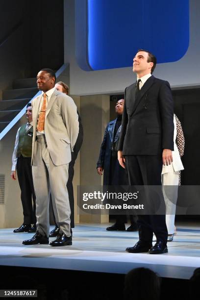 Cast members David Harewood and Zachary Quinto bow at the curtain call during the press night performance of "Best Of Enemies" at the Noel Coward...