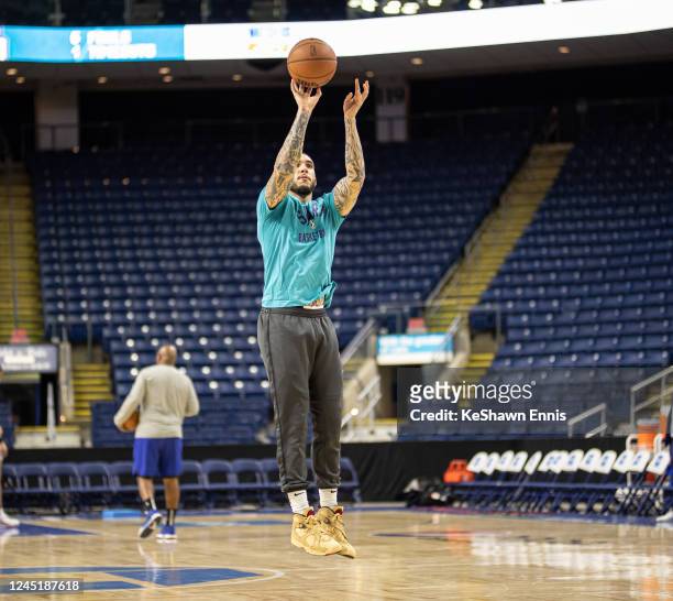 November 28: LiAngelo Ball of the Greensboro Swarm shoots the ball before the game against the Westchester Knicks on November 28, 2022 at Webster...