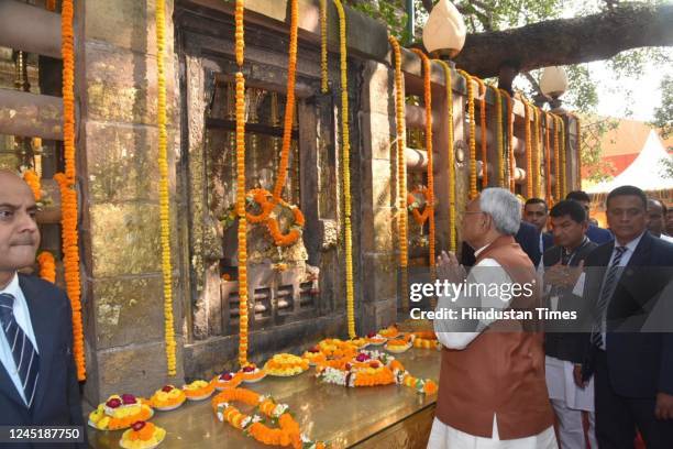 Bihar Chief Minister Nitish Kumar worshiping around Mahabodhi temple on November 28, 2022 in Bodh Gaya, India.