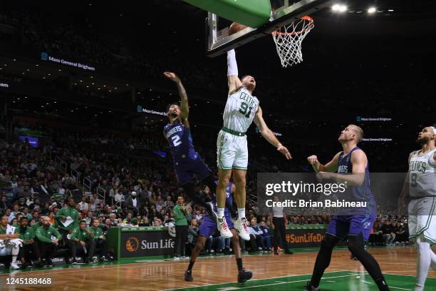 Blake Griffin of the Boston Celtics drives to the basket during the game against the Charlotte Hornets on November 28, 2022 at the TD Garden in...