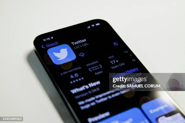 In this photo illustration, the Twitter app is seen in the Apple App Store on an Apple iPhone 13 Pro in Washington, DC, on November 28, 2022. -...