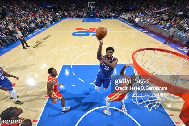 Joel Embiid of the Philadelphia 76ers shoots the ball during the game against the Atlanta Hawks on November 28, 2022 at the Wells Fargo Center in...