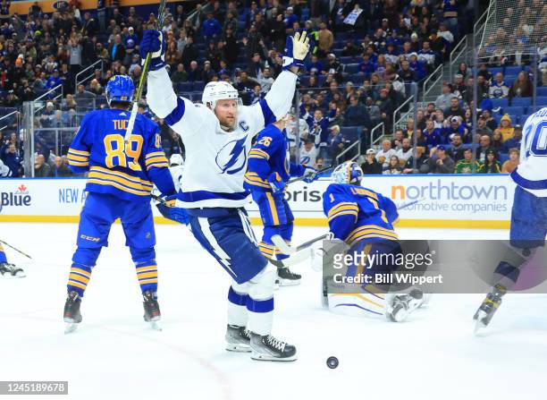 Steven Stamkos of the Tampa Bay Lightning celebrates his game-winning overtime goal against the Buffalo Sabres during an NHL game on November 28,...
