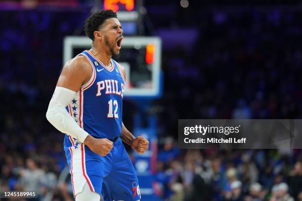 Tobias Harris of the Philadelphia 76ers reacts against the Atlanta Hawks in the fourth quarter at the Wells Fargo Center on November 28, 2022 in...