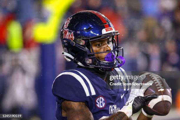 Mississippi Rebels wide receiver Dayton Wade catches a touchdown pass during the game between the Ole Miss Rebels and the Mississippi State Bulldogs...