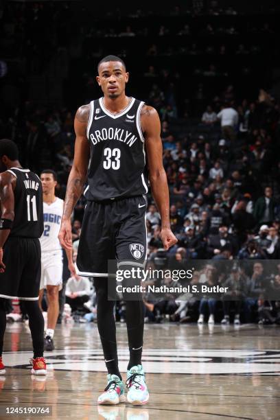 Nicolas Claxton of the Brooklyn Nets looks on after the game against the Orlando Magic on November 28, 2022 at Barclays Center in Brooklyn, New York....