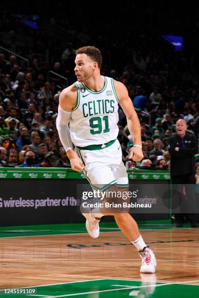 Blake Griffin of the Boston Celtics looks on during the game against the Charlotte Hornets on November 28, 2022 at the TD Garden in Boston,...