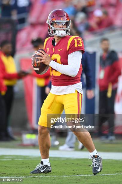 Trojans quarterback Caleb Williams warms up before a game between the Notre Dame Fighting Irish and the USC Trojans on November 26 at Los Angeles...
