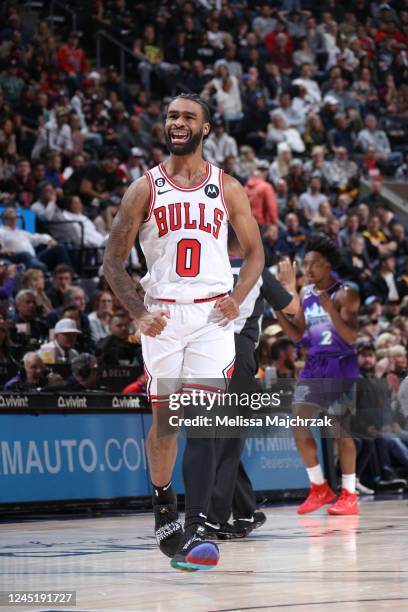 Coby White of the Chicago Bulls celebrates during the game against the Utah Jazz on November 28, 2022 at vivint.SmartHome Arena in Salt Lake City,...