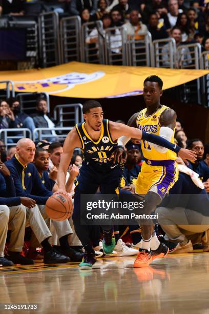 Tyrese Haliburton of the Indiana Pacers dribbles the ball back up the court during the game against the Los Angeles Lakers on November 28, 2022 at...