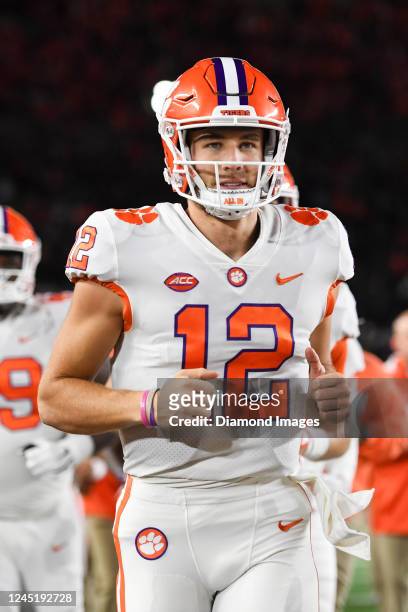Hunter Johnson of the Clemson Tigers runs off the field prior to a game against the Notre Dame Fighting Irish at Notre Dame Stadium on November 5,...