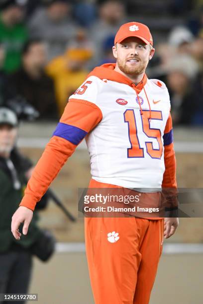 Hunter Johnson of the Clemson Tigers looks on prior to a game against the Notre Dame Fighting Irish at Notre Dame Stadium on November 5, 2022 in...