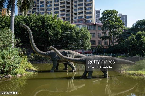 Dinosaurs model are displayed at Heyuan Dinosaur Museum on October 26, 2022 in Guangzhou, Guangdong Province of China. Heyuan is one of the important...