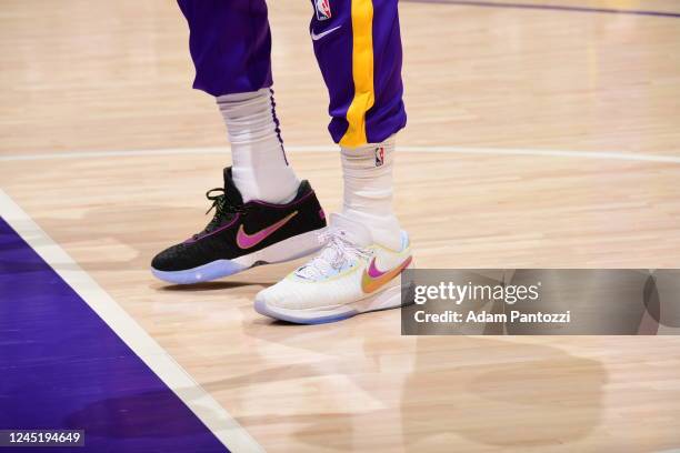 The sneakers worn by LeBron James of the Los Angeles Lakers before the game against the Indiana Pacers on November 28, 2022 at Crypto.Com Arena in...