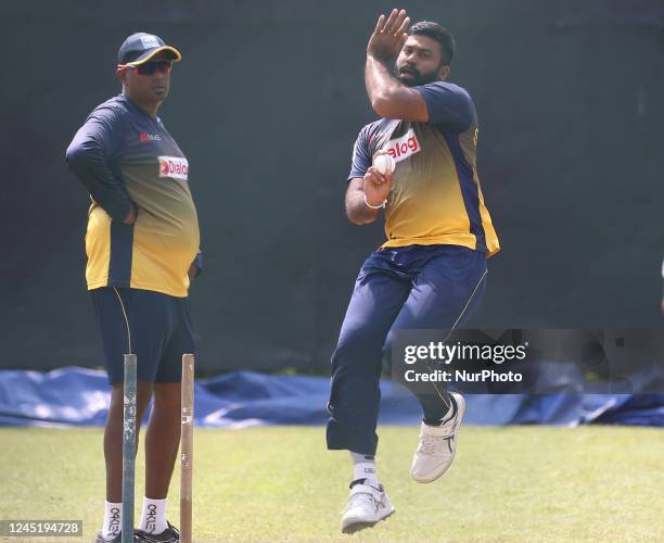 Sri Lankan cricket team player Lahiru Kumara participate in practice at the Pallekele International Cricket Stadium in Kandy on November 29 ahead of...