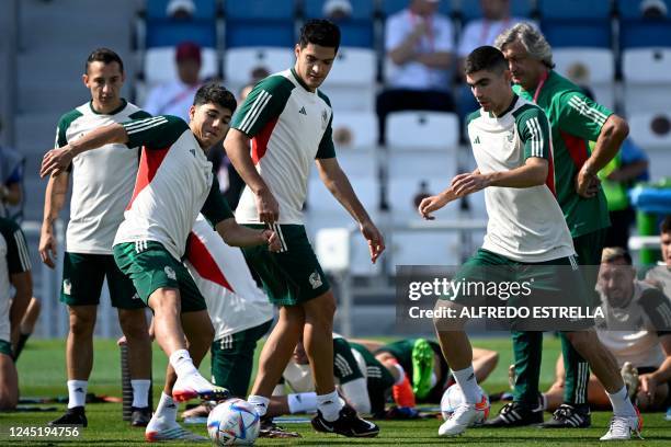 Mexico's players take part in a training session at the Al Khor SC in Al Khor, north of Doha north of Doha on November 29 on the eve of the Qatar...