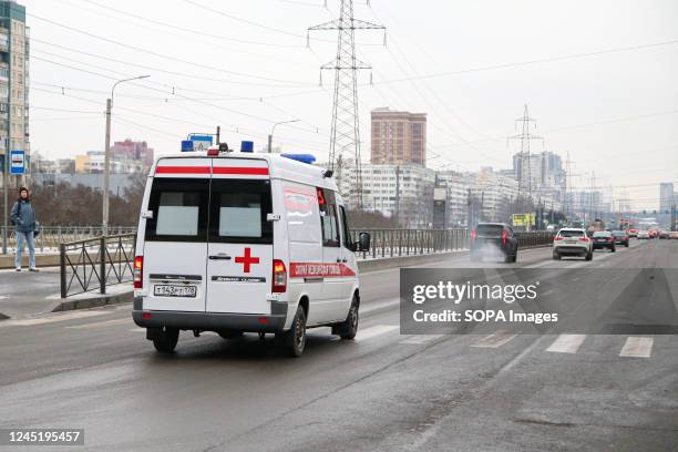 An ambulance is seen along Testers Avenue near the metro station Pionerskaya and Komendantsky Prospekt in St. Petersburg.