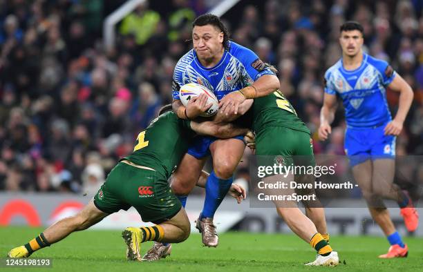 Samoas Josh Papalii is tackled during the Rugby League World Cup Final match between Australia and Samoa at Old Trafford on November 19, 2022 in...