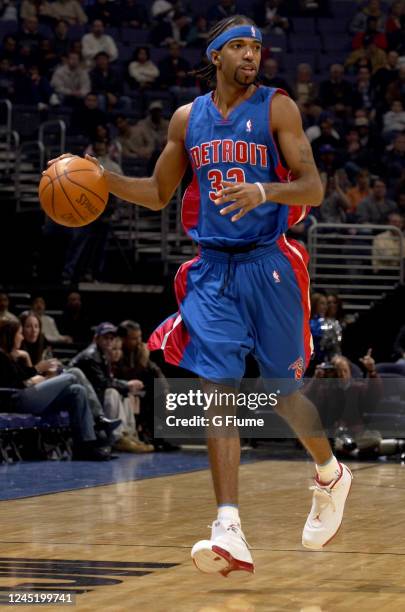 Richard Hamilton of the Detroit Pistons handles the ball against the Washington Wizards on November 29, 2003 at the MCI Center in Washington, DC....