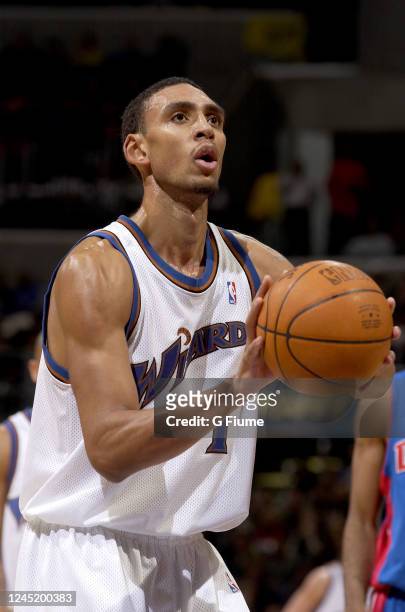 Jared Jeffries of the Washington Wizards shoots a free throw against the Detroit Pistons on November 29, 2003 at the MCI Center in Washington, DC....