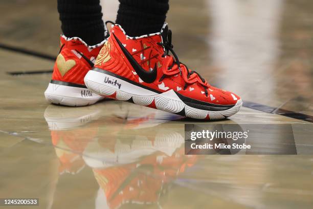 The sneakers of Kyrie Irving of the Brooklyn Nets are seen during the game against the Orlando Magic at Barclays Center on November 28, 2022 in New...