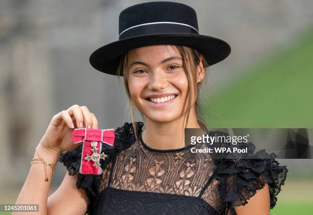 Tennis player Emma Raducanu after she was made a MBE by King Charles III at Windsor Castle on November 29, 2022 in Windsor, England.