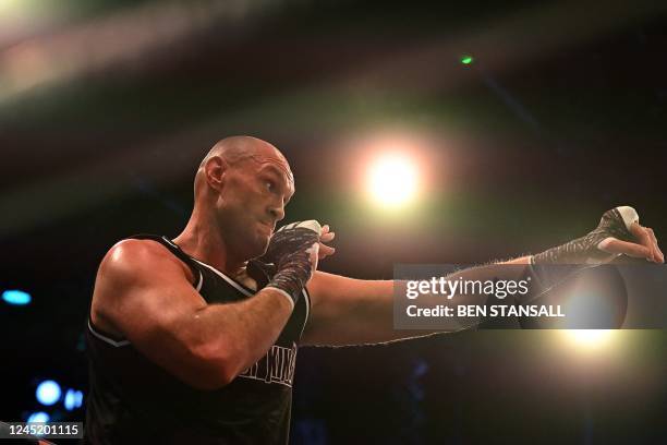 World Boxing Council heavyweight title holder Britain's Tyson Fury takes part in an open work-out session at the Queen Elizabeth Olympic Park in east...