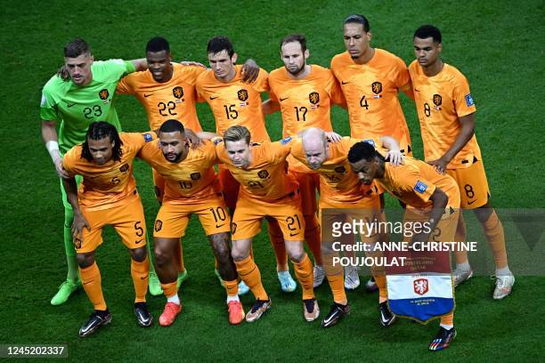 Netherlands' defender Nathan Ake, Netherlands' forward Memphis Depay, Netherlands' midfielder Frenkie De Jong, Netherlands' midfielder Davy Klaassen,...