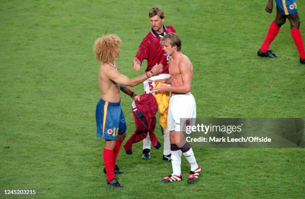 June 1998, Lens - World Cup France 1998 - Colombia v England - David Beckham of England exchanges shirts with Colombian captain Carlos Valderrama -