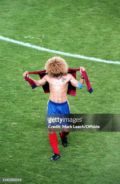 June 1998, Lens - World Cup France 1998 - Colombia v England - Colombia captain Carlos Valderrama with the England shirt of David Beckham around his...
