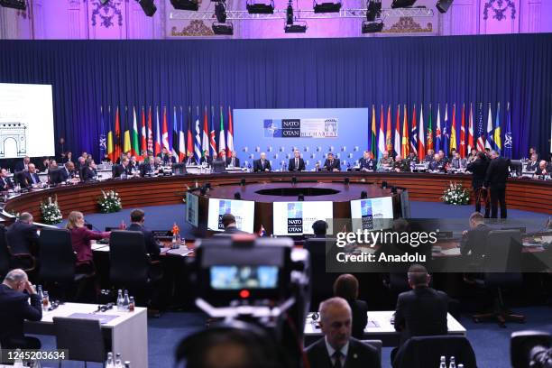 Secretary General Jens Stoltenberg speaks during the NATO Foreign Ministers Meeting held at Parliament Palace in Bucharest, Romania on November 29,...