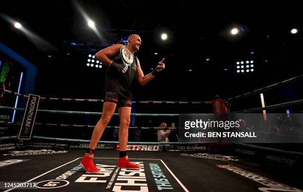 World Boxing Council heavyweight title holder Britain's Tyson Fury takes part in an open work-out session at the Queen Elizabeth Olympic Park in east...