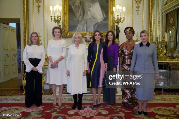 Britain's Sophie, Countess of Wessex, Queen Mathilde of Belgium, Britain's Camilla, Queen Consort, Queen Rania of Jordan, Crown Princess Mary of...